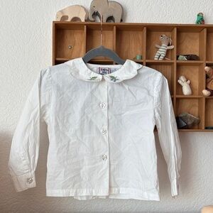 VINTAGE Cotton Kids White Button-Up Shirt Blueberry Embroidered Scallop Collar